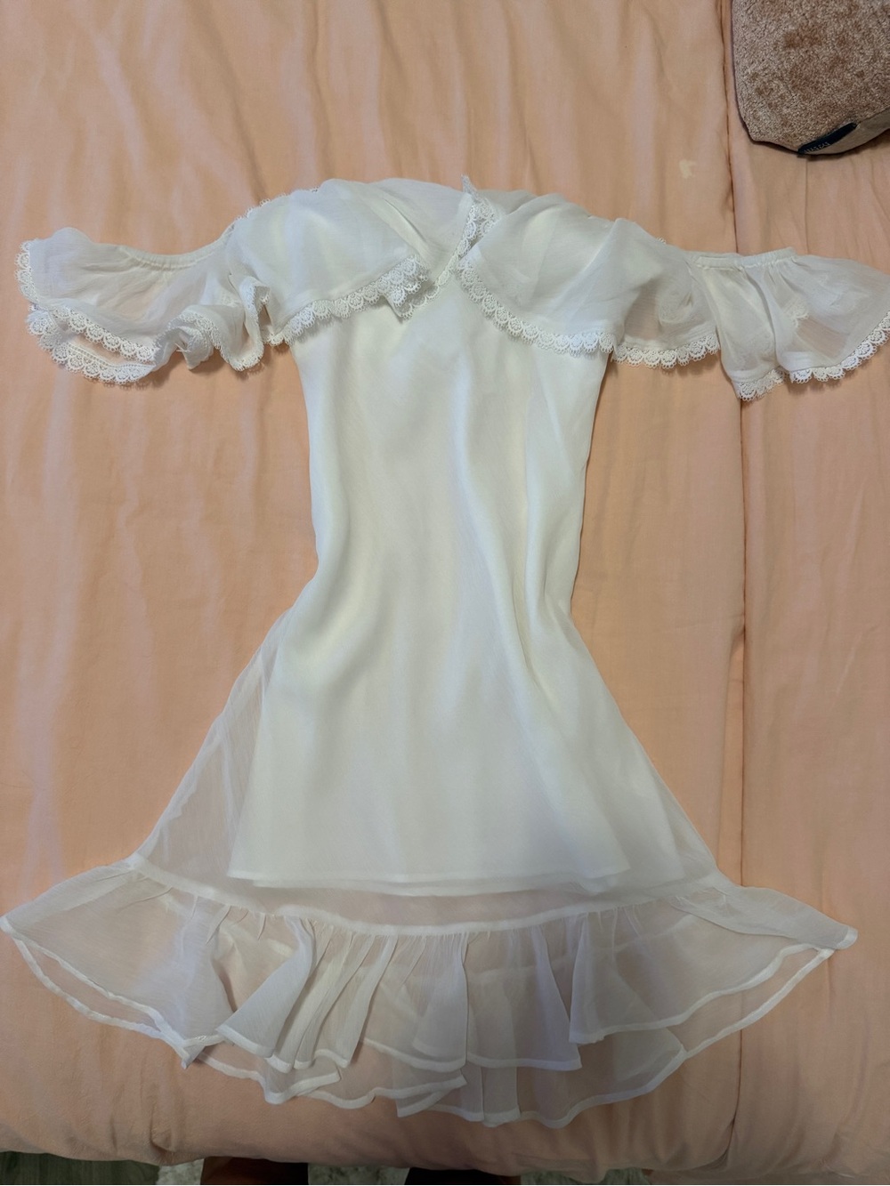 $53 NWT ASOS DESIGN bardot ruffle mini dress with lace insert in white SIZE US 2